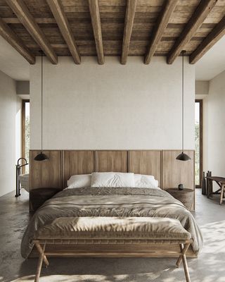 bedroom ideas with a neutral scheme and wooden headboard