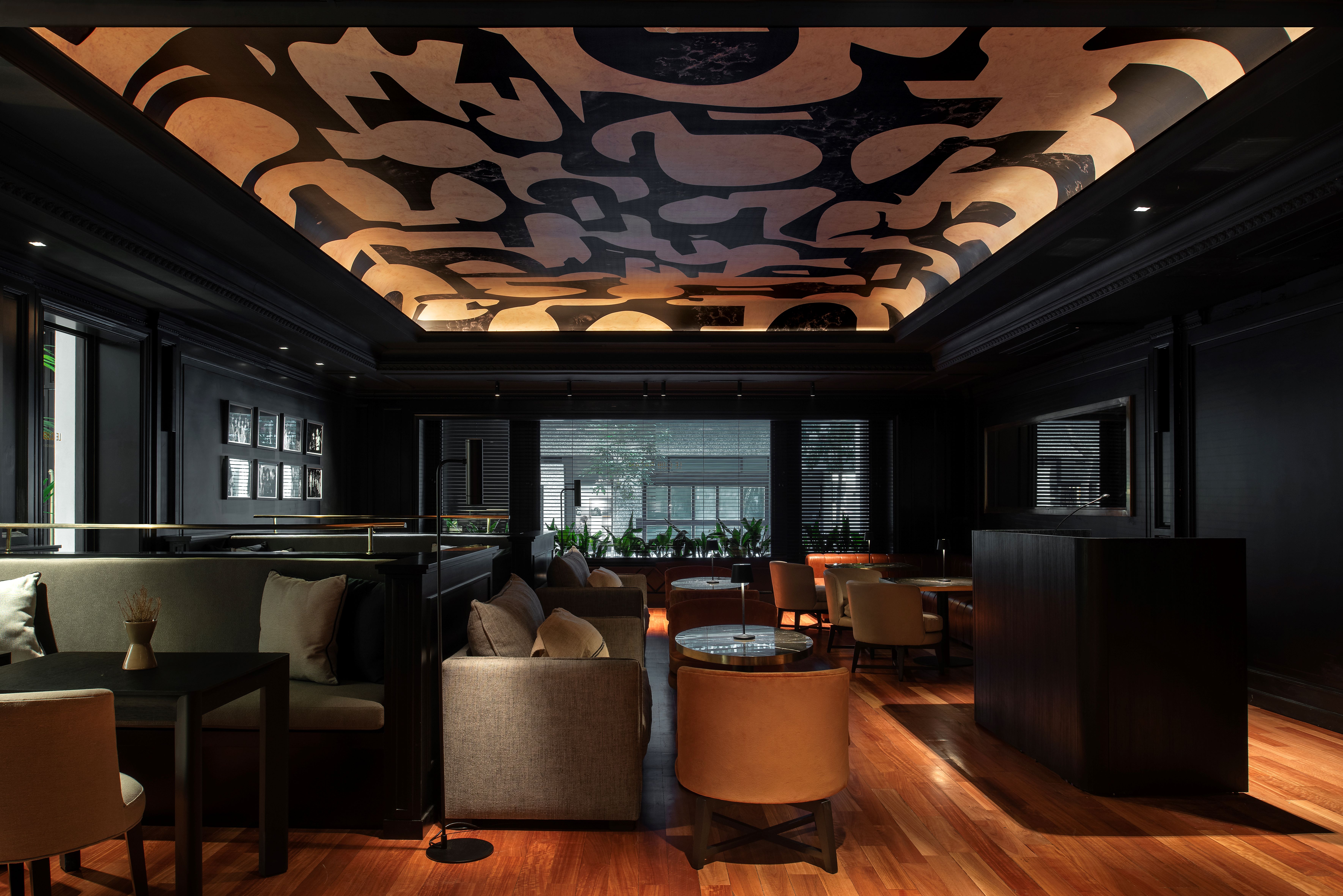 Hotel Casa Lucía, dark bar/lounge with patterned ceiling