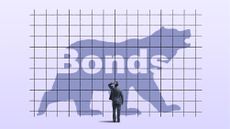 Illustration of a bear with the word "bonds" on it and a businessman looking on with his hand on his head.