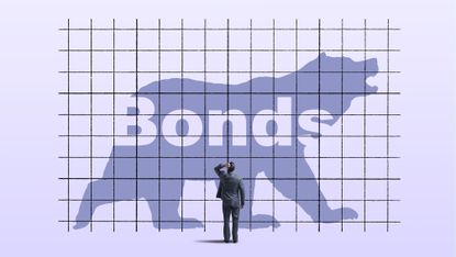 Illustration of a bear with the word "bonds" on it and a businessman looking on with his hand on his head.