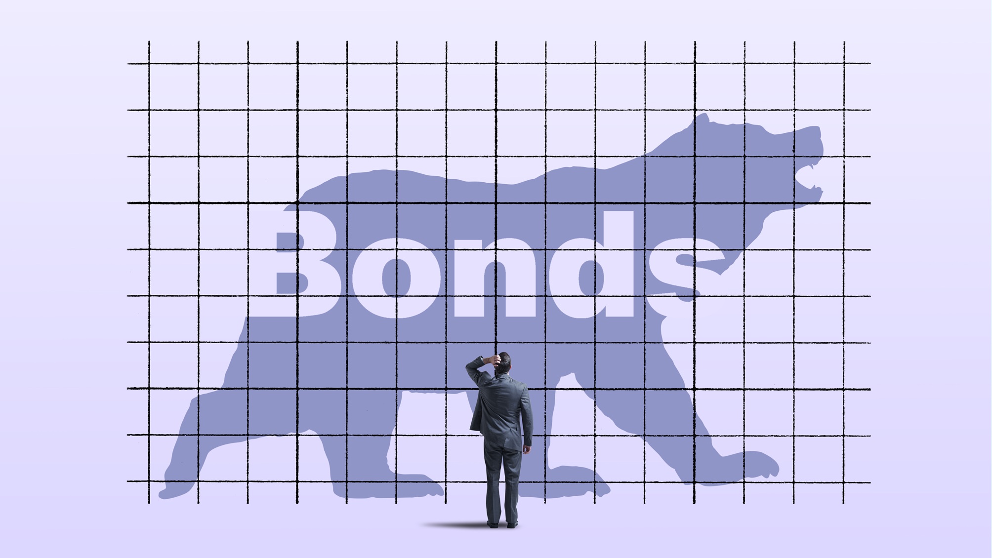 Illustration of a bear with the word "bonds" on it and a businessman looking on with his hand on his head.