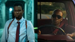 Chris Rock in Spiral: From the Book of Saw and Dave Chappelle in The Closer trailer, pictured side by side.