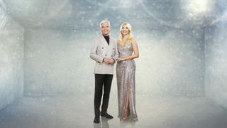 A press photo of Phillip Schofield (left) and Holly Willoughby (right) on a glittery white background