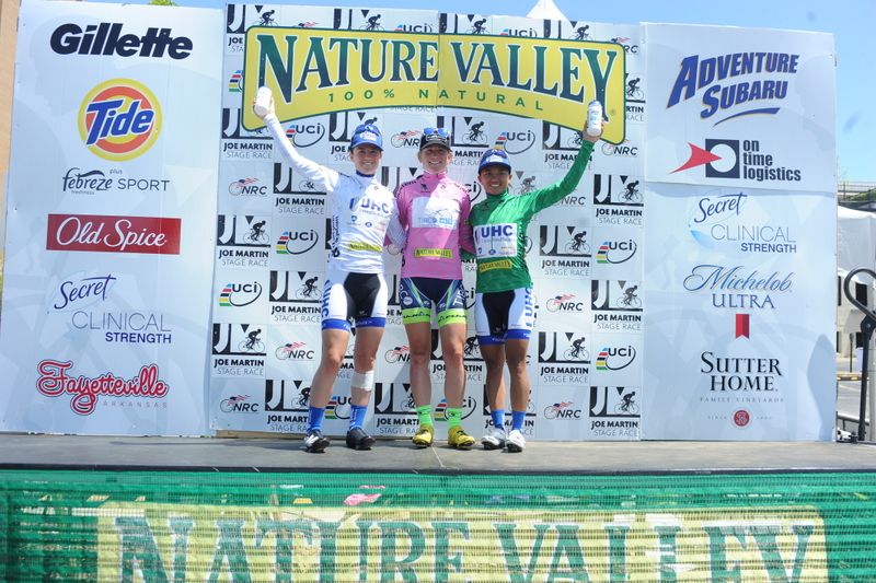 Best young rider Ruth Winder (UnitedHealthcare), overall winner Lauren Stephens (Team Tibco-SVB) and points winner Coryn Rivera (UnitedHealthcare)