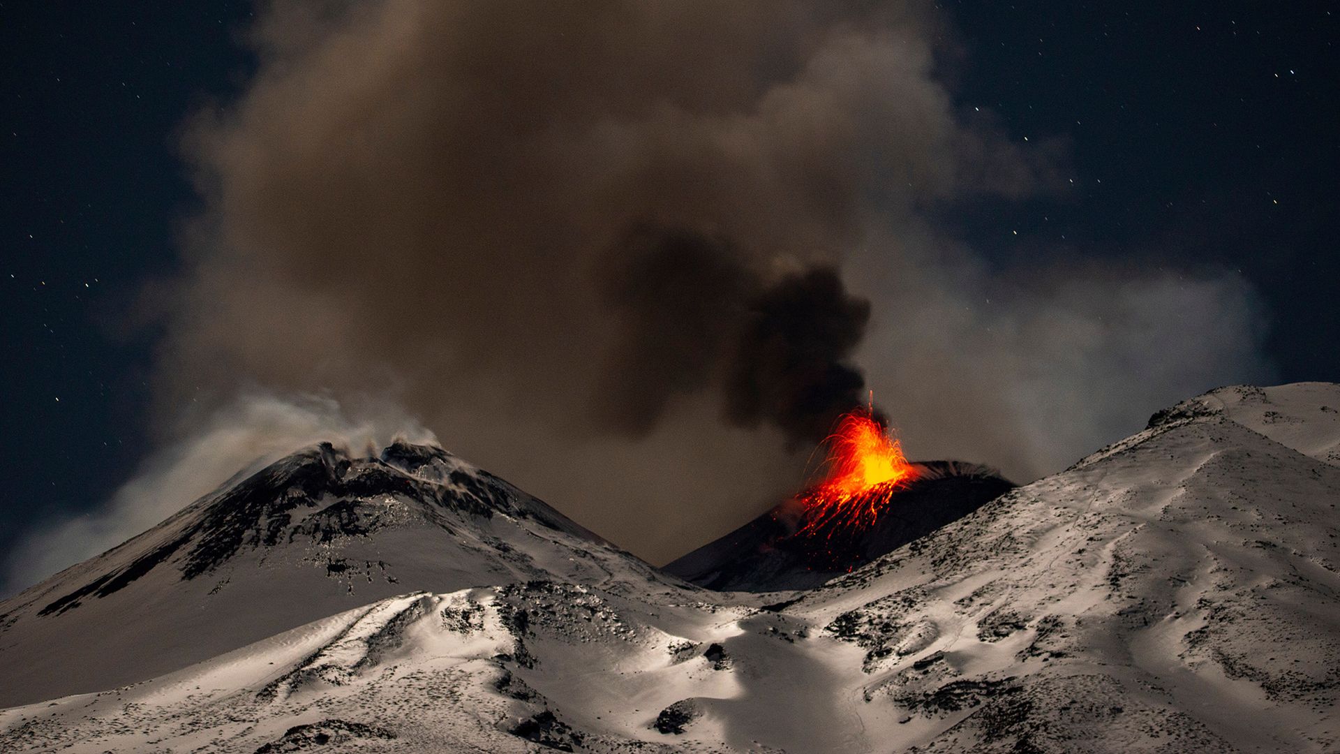 
                                A volcanic eruption lights up the north-east crater of Mount Etna in Sicily, Italy
                            
