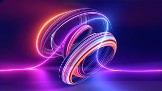Illustration of multi-colored light spirals in front of a purple and blue background