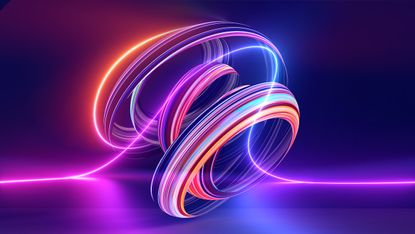 Illustration of multi-colored light spirals in front of a purple and blue background