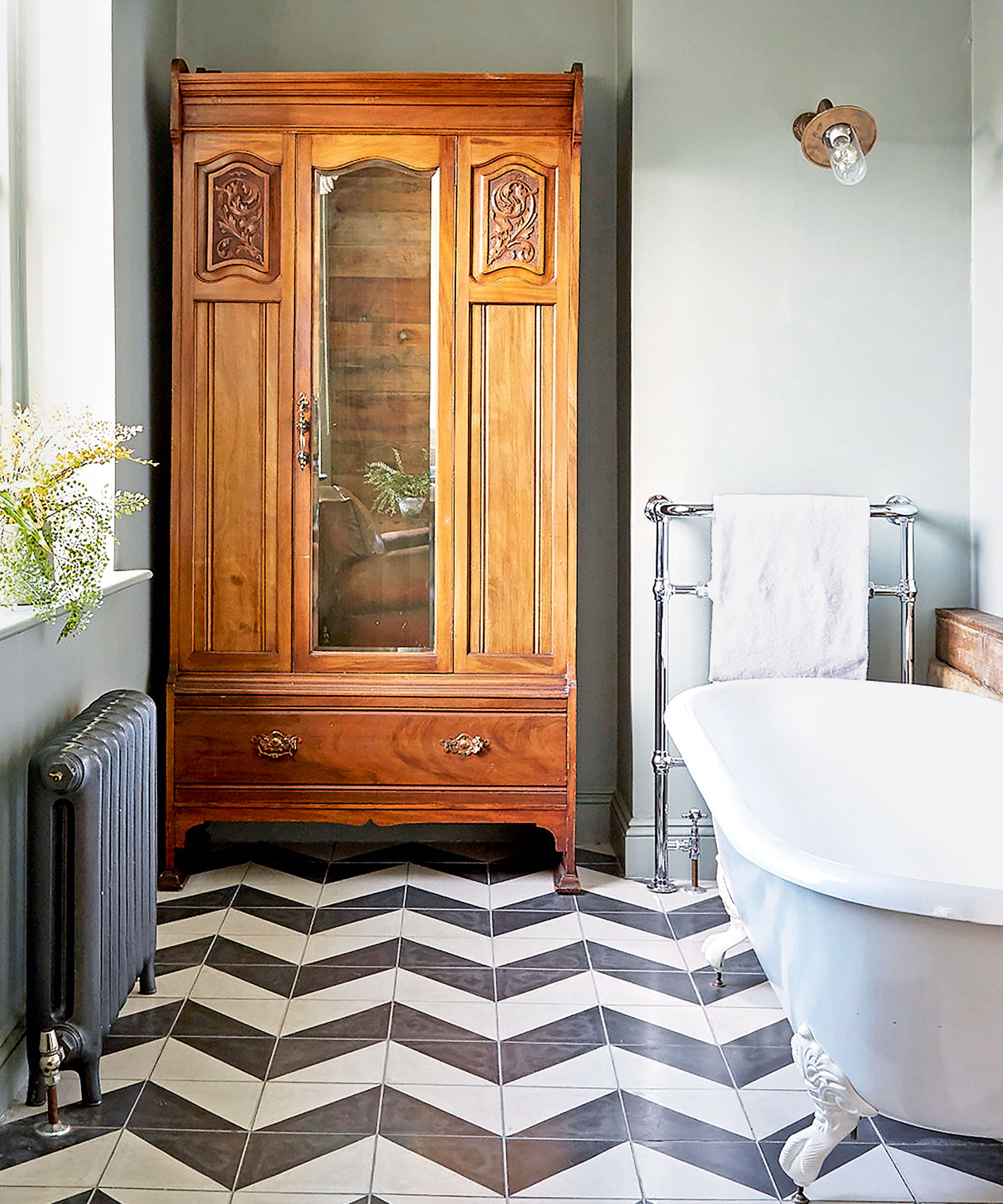 Zig zag tiles in farmhouse bathroom