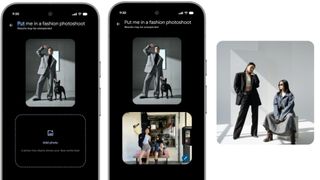 Two mobile phone screens show an app interface for putting a user into a fashion photoshoot, displaying several generated images, alongside a separate square image of two models posing in a well-lit studio.