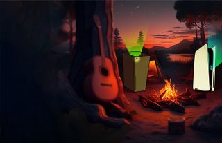Xbox and PlayStation consoles by the campfire