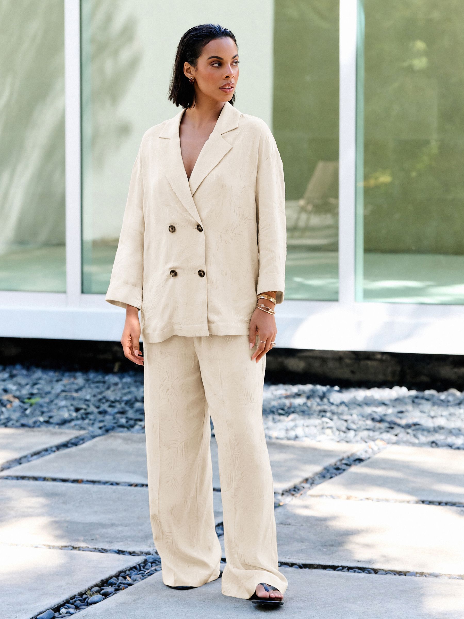 Cream Satin Jacquard Wide Leg Trousers