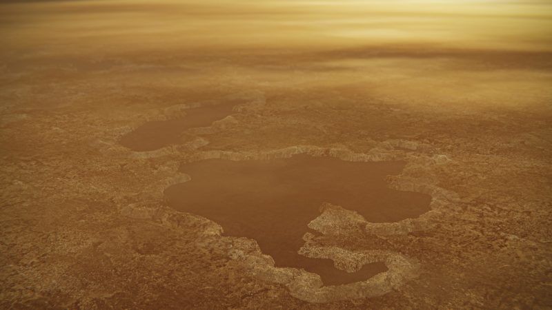 An artist&#039;s depiction of a lake near Titan&#039;s north pole.