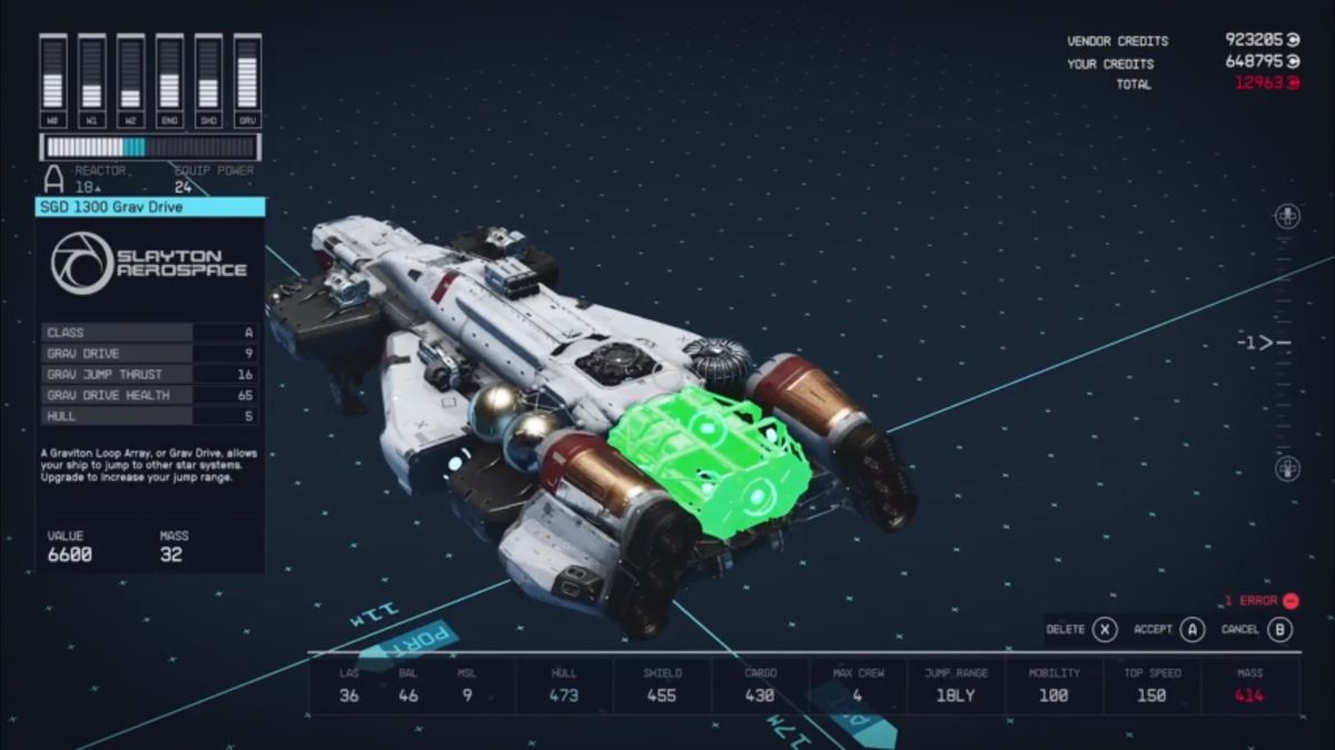 Starfield's shipbuilding tool screens and customisation
