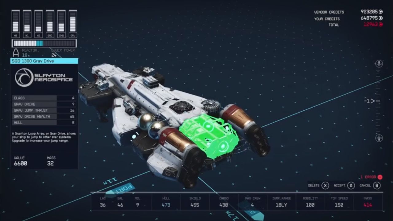 Starfield's shipbuilding tool screens and customisation