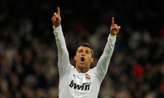 Cristiano Ronaldo celebrates after scoring for Real Madrid, 2011