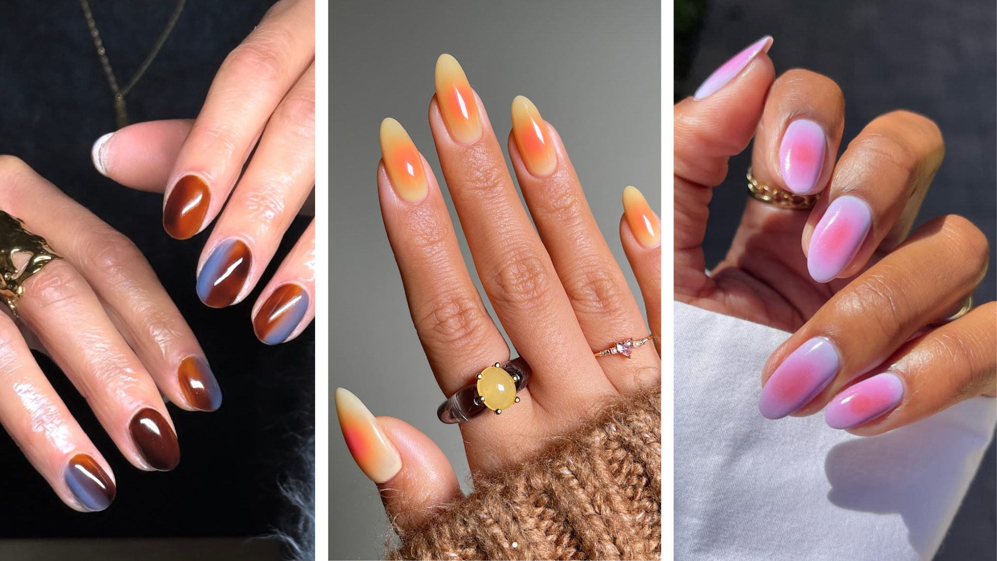 ombre nail ideas, three colorful manicures on gray backgrounds side by side
