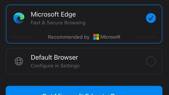 Screenshot of the Outlook iOS app asking a user to use Edge