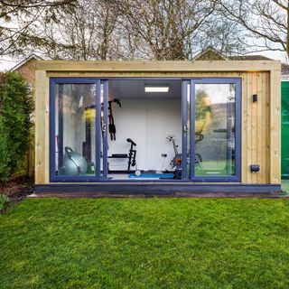 garden shed with blue doors