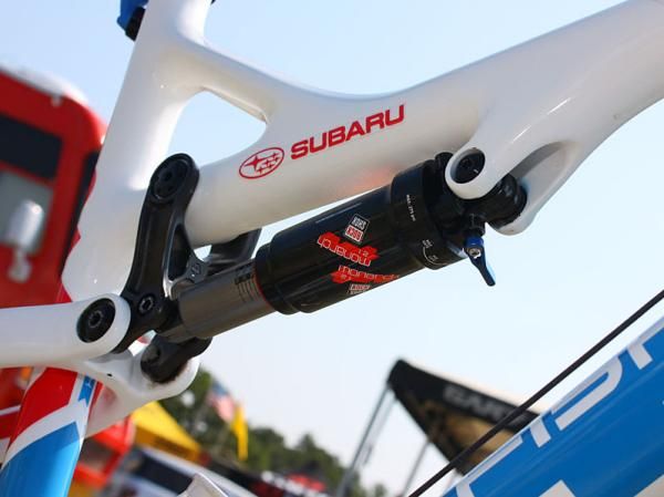 The rear shock is badged as a RockShox Monarch 2.1 but the controls suggest it's a 3.3 model instead.