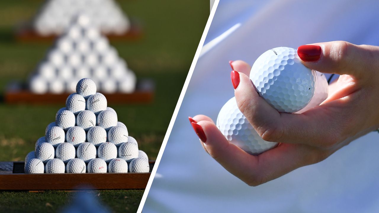 Golf Ball pyramid and two golf balls in a player&#039;s hand