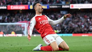 Gabriel Martinelli of Arsenal celebrates scoring his team's first goal during the Premier League match between Arsenal and Manchester City at Emirates Stadium on September 21, 2025 in London, England. 