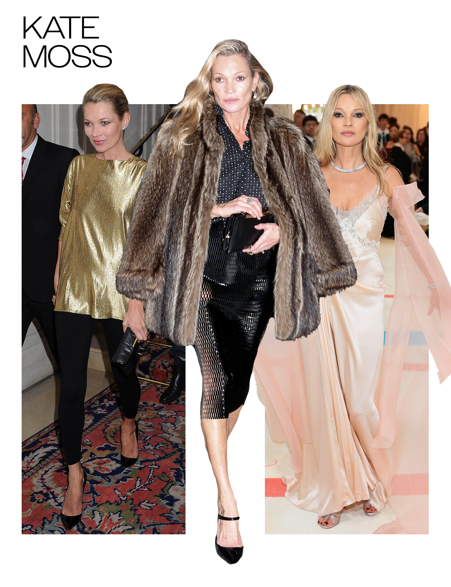 Collage of Kate Moss photos that display her style