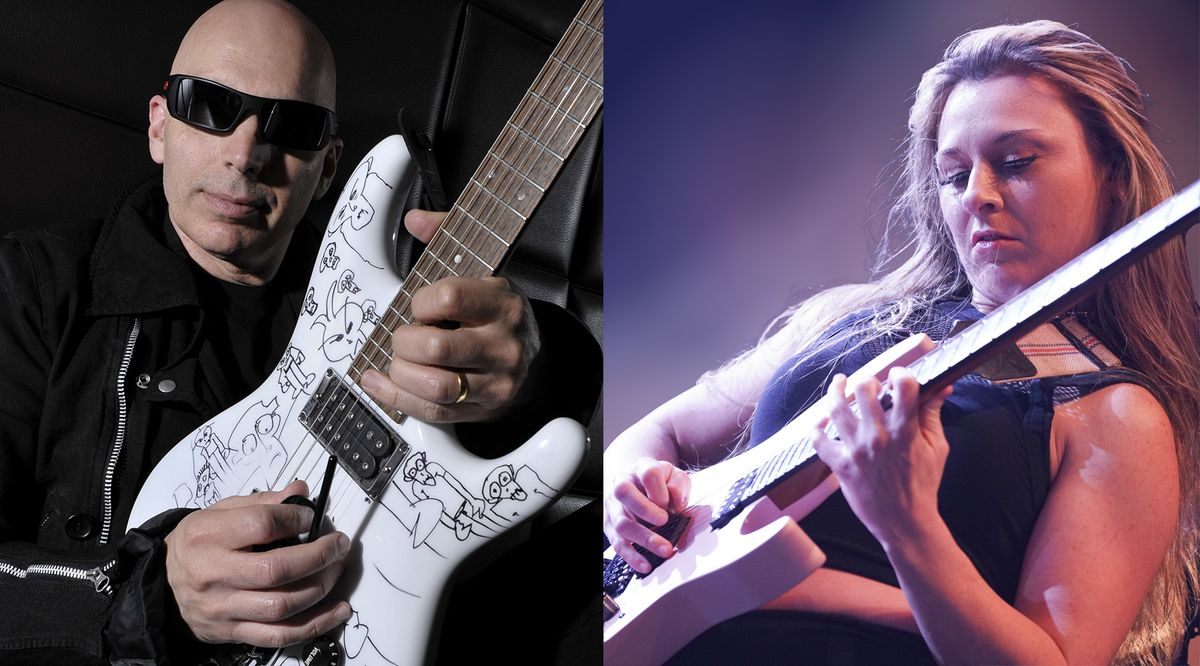 LEFT: Joe Satrianiposing with an ibanez JS2400 signature guitar, taken on March 23, 2007; RIGHT: Alyssa Day of The Iron Maidens performs during Zakk Sabbath: King of the Monstours Tour at Emo&#039;s Austin on December 12, 2024 in Austin, Texas. 