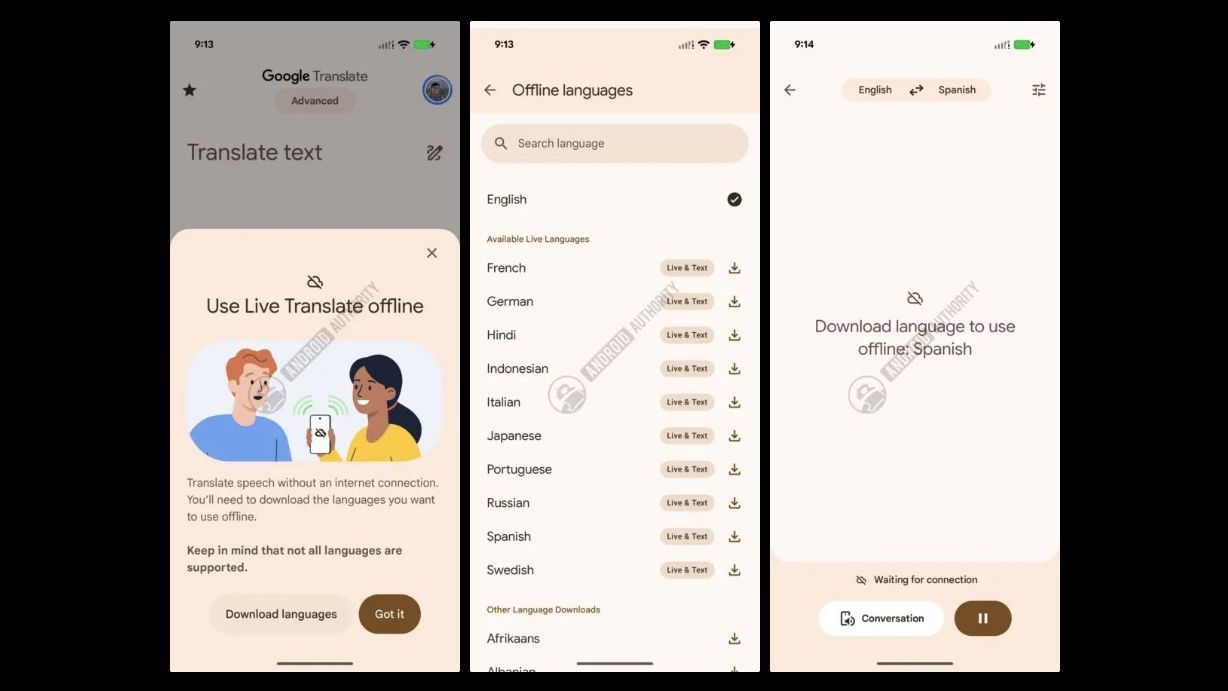 Screenshots showing Live Translate's offline mode