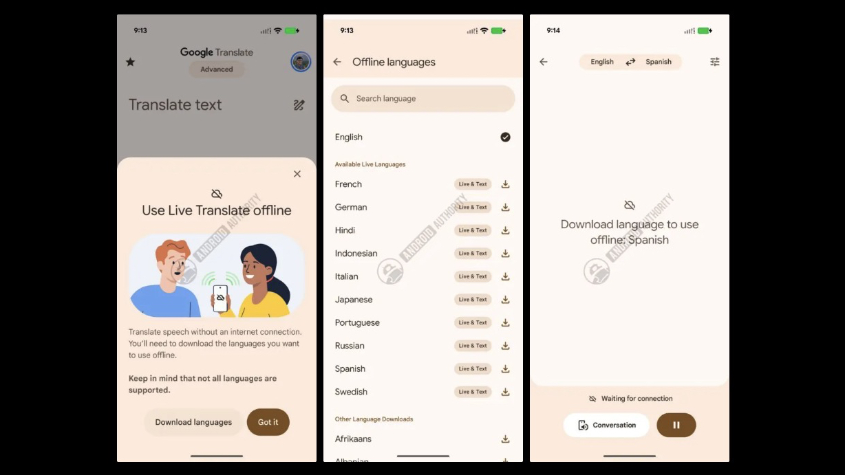 Screenshots showing Live Translate's offline mode
