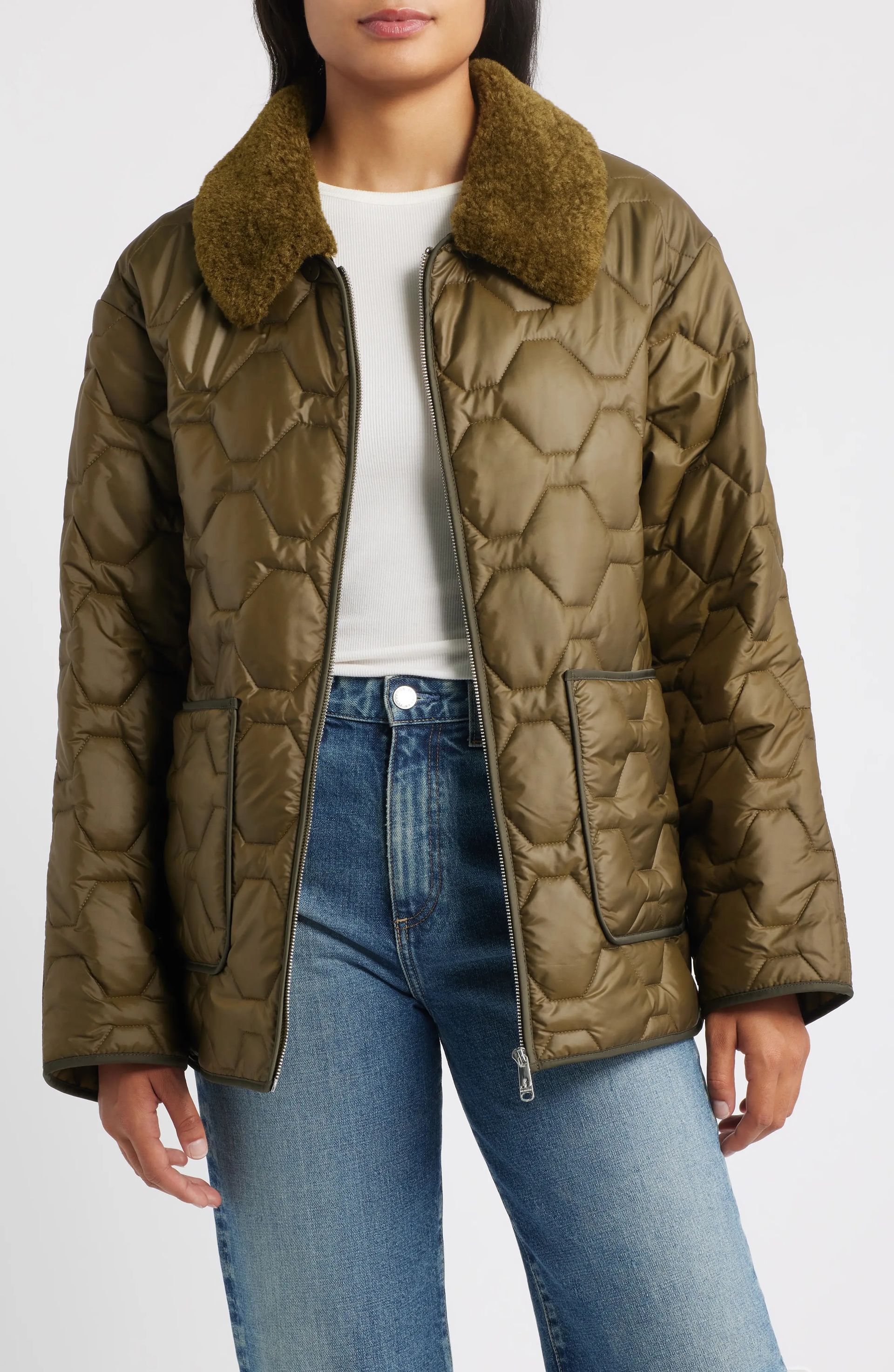 Sam Edelman, Wide Hexagon Quilted Coat With Removable Faux Fur Collar