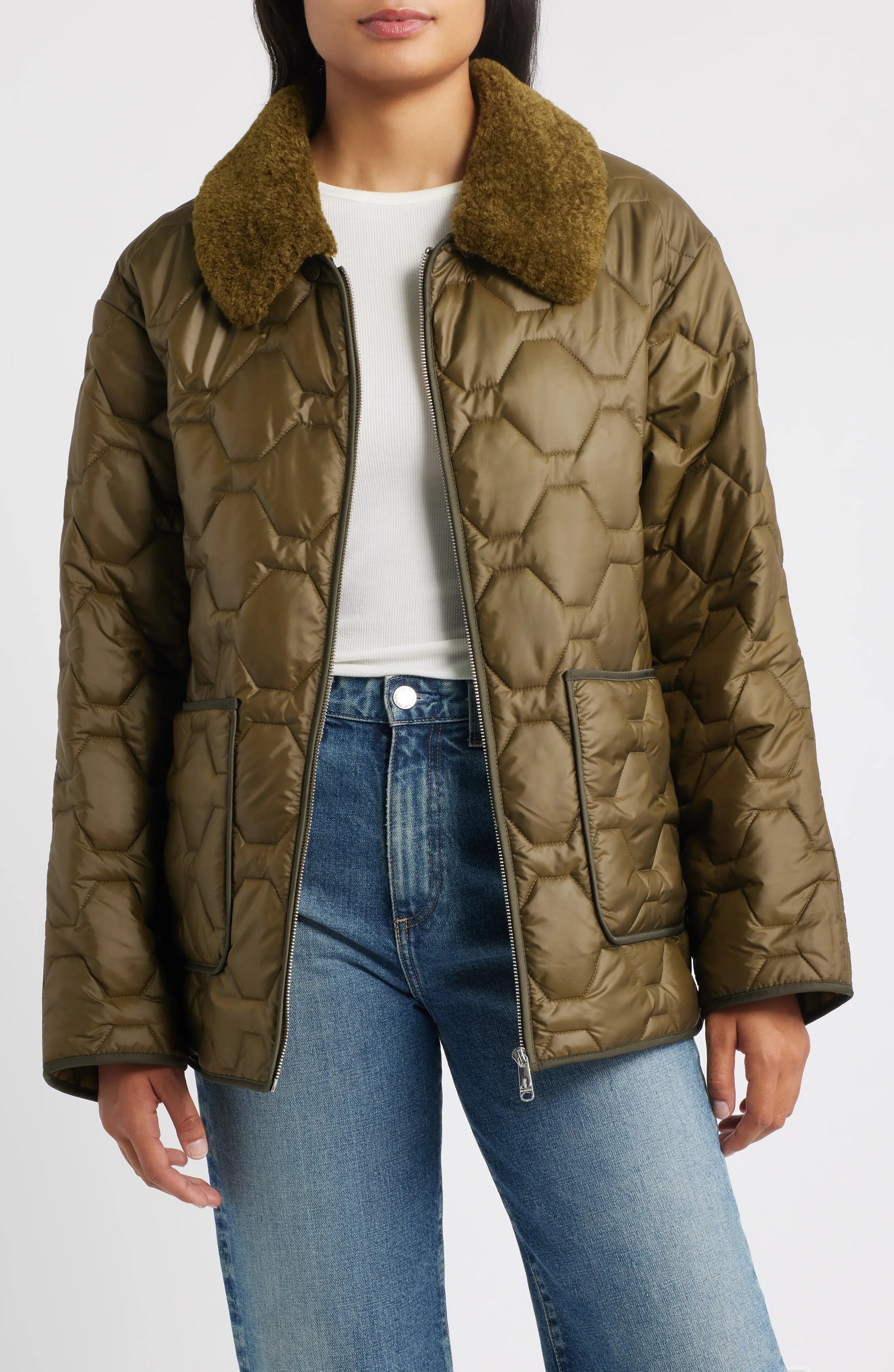 Sam Edelman, Wide Hexagon Quilted Coat With Removable Faux Fur Collar