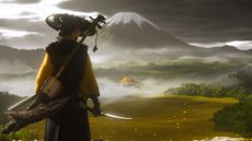 The Ghost of Yōtei stands looking out at a vibrant yellow meadow