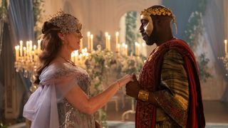 Ruth Gemmell as Lady Violet Bridgerton, Daniel Francis as Lord Anderson in Bridgerton season 4, dancing.