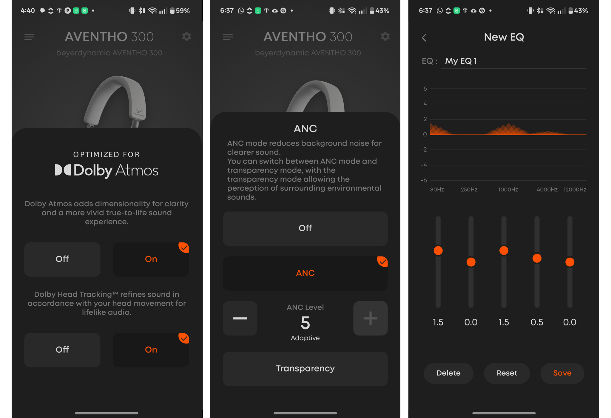 Screenshots from Beyerdynamic app for Aventho 300 headphones.