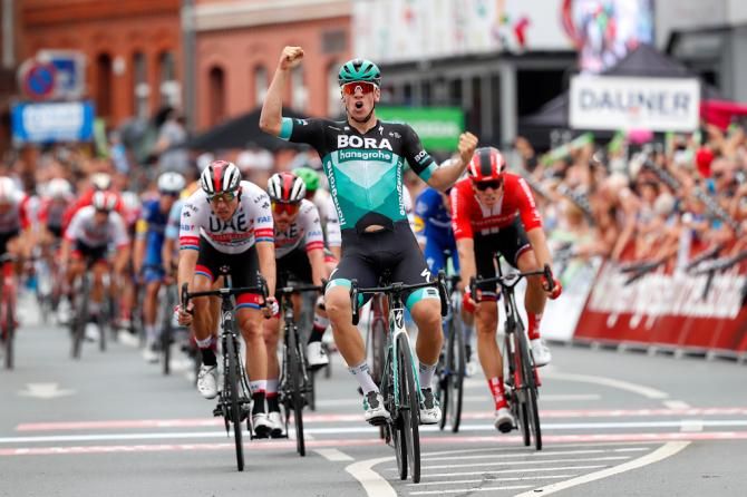 Pascal Ackermann is happy after winning stage 1 at Deutschland Tour