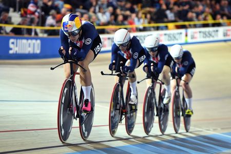 USA's team members compete in the women's pursuit final during the UCI Track Cycling World Championships