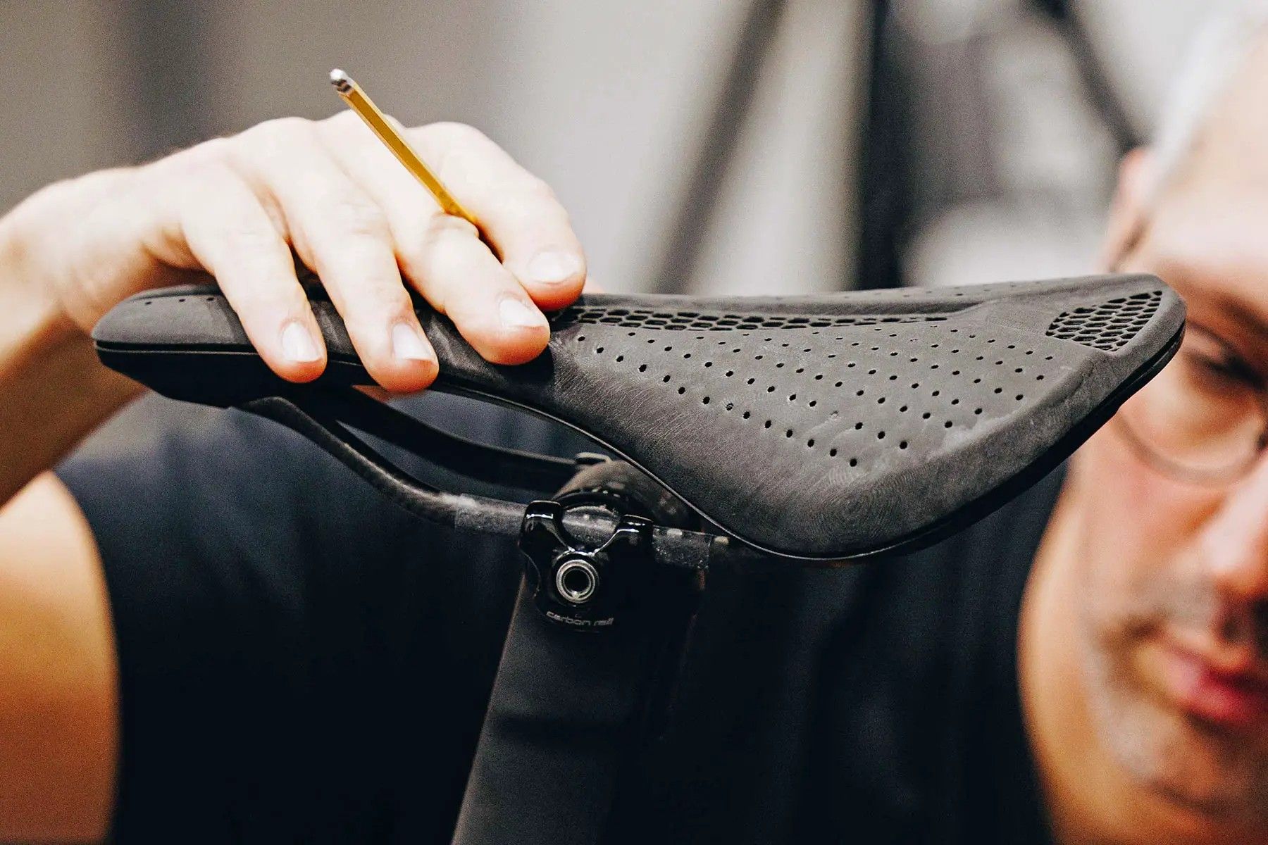 Images shows unreleased S-Works saddle during a Soudal- QUick Step team bike fit