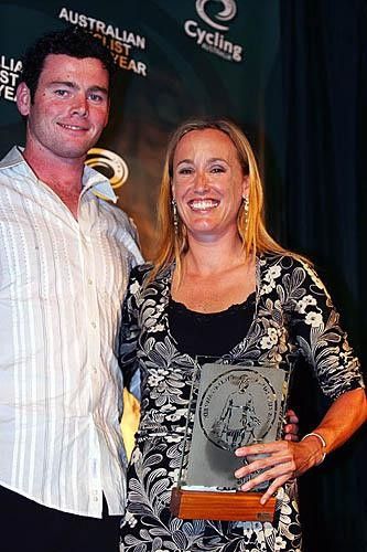 Katie Mactier, female track cyclist of the year, is presented with her award by Nathan Rennie, Male MTB cyclist of the year.