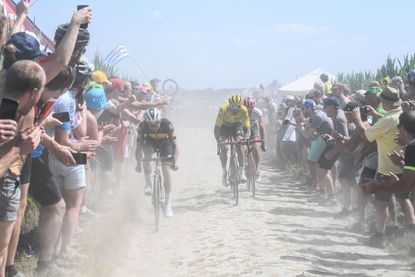 Yves Lampaert, Greg van Avermaet and John Degenkolb on the cobbles at the Tour de France