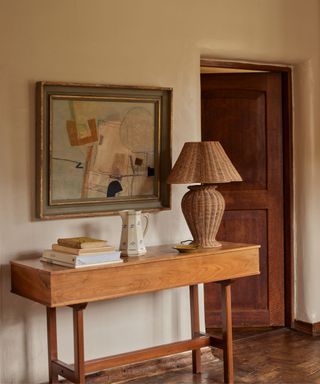 wood console with lamp