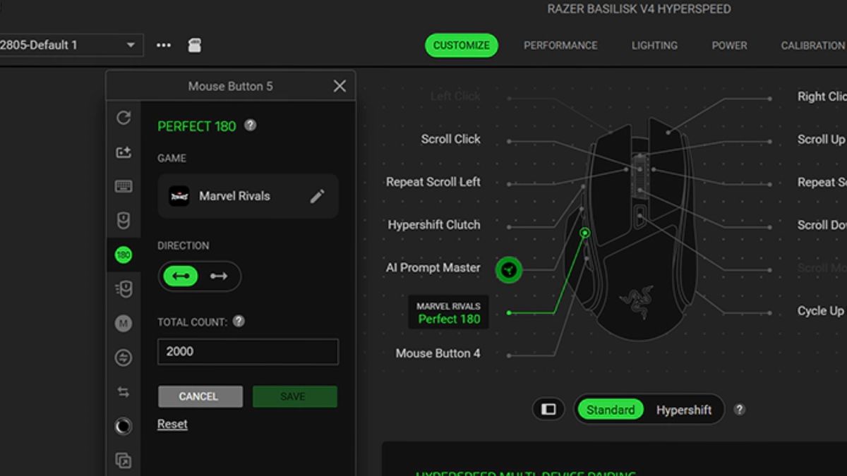 A screenshot of Razer Synapse showing its Perfect 180 gaming mouse feature