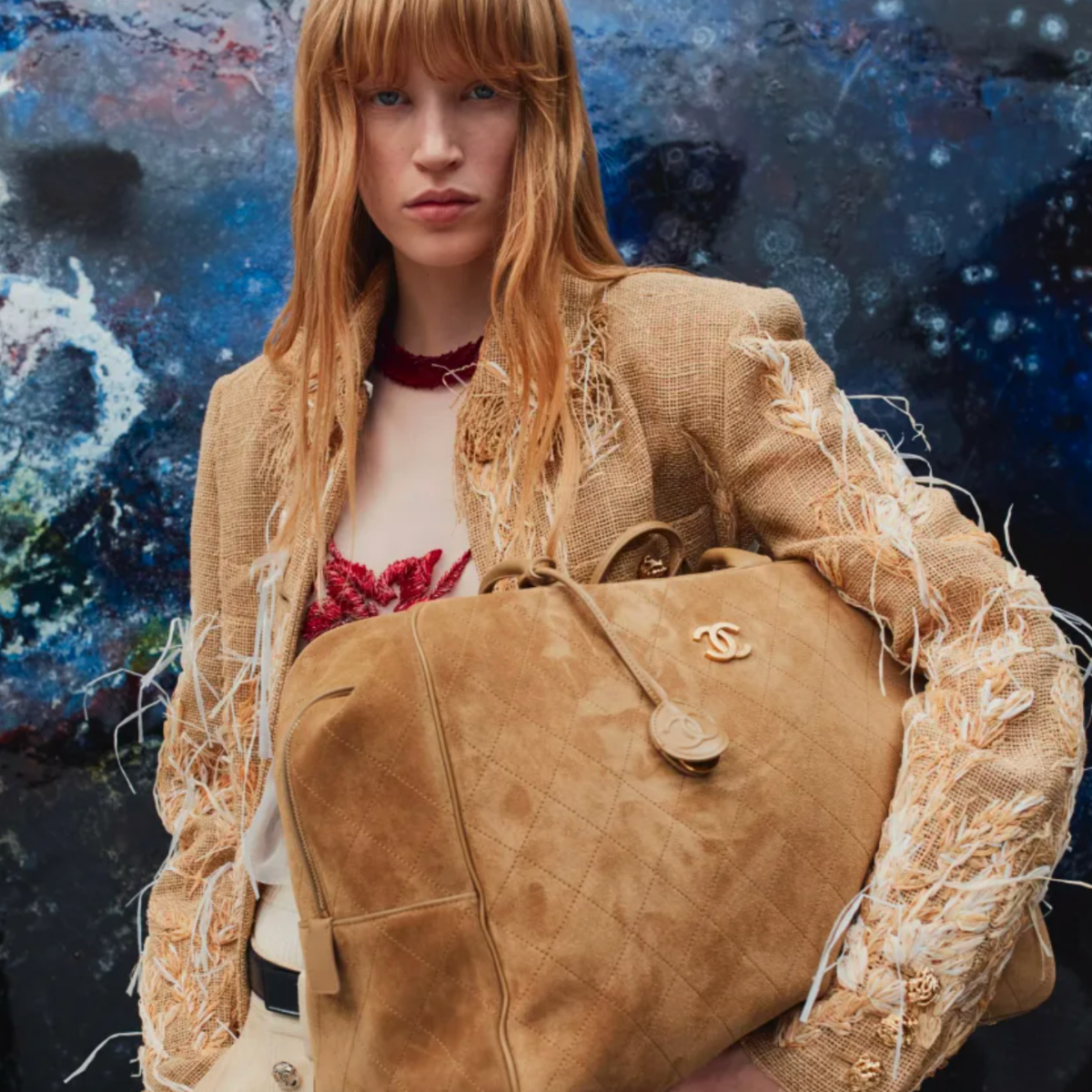 Chanel ss26 shopping model with brown suede bag