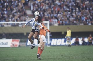 Argentina's Jorge Olguin wins a header in the 1978 World Cup final against the Netherlands.