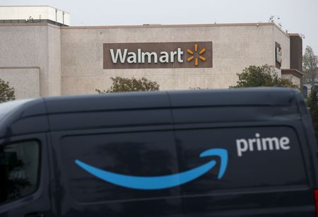 An Amazon Prime van parked in front of a Walmart store