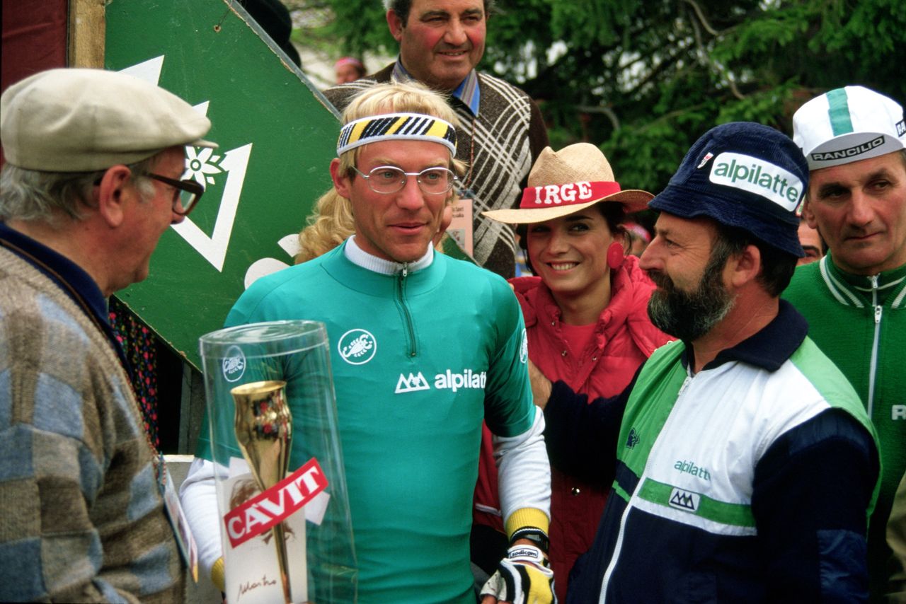 Laurent Fignon in the climber's jersey at the 1984 Giro d'Italia.