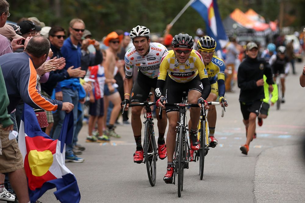 Tejay van Garderen, Serghei Tvetcov and Rafal Majka climb toward the finish of stage 5 at the 2014 USA Pro Challenge
