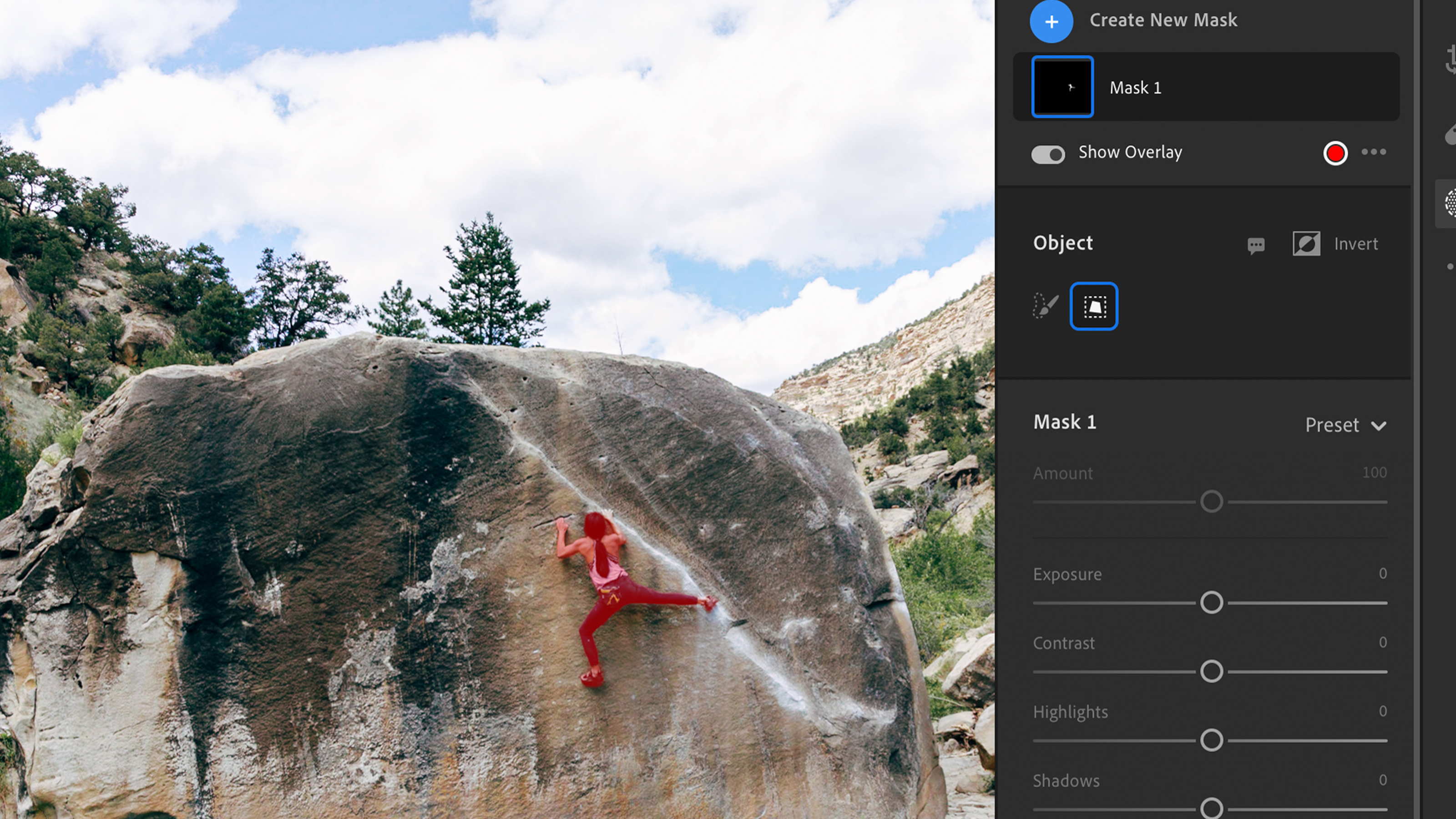 Человек, взбирающийся на рок в Adobe Lightroom