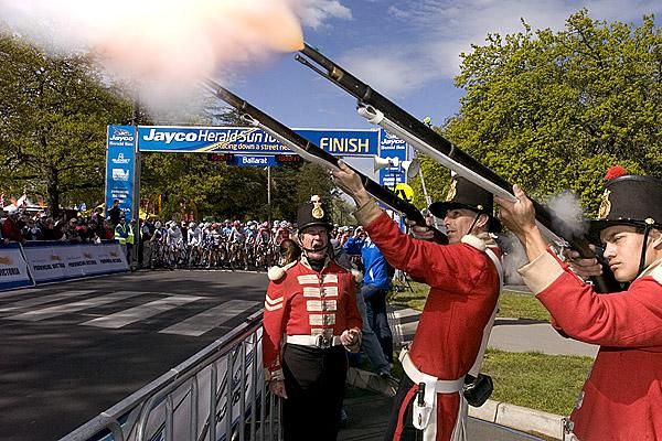 Members of the Ballarat Red Coats start stage one of the tour with a bang in Ballarat.