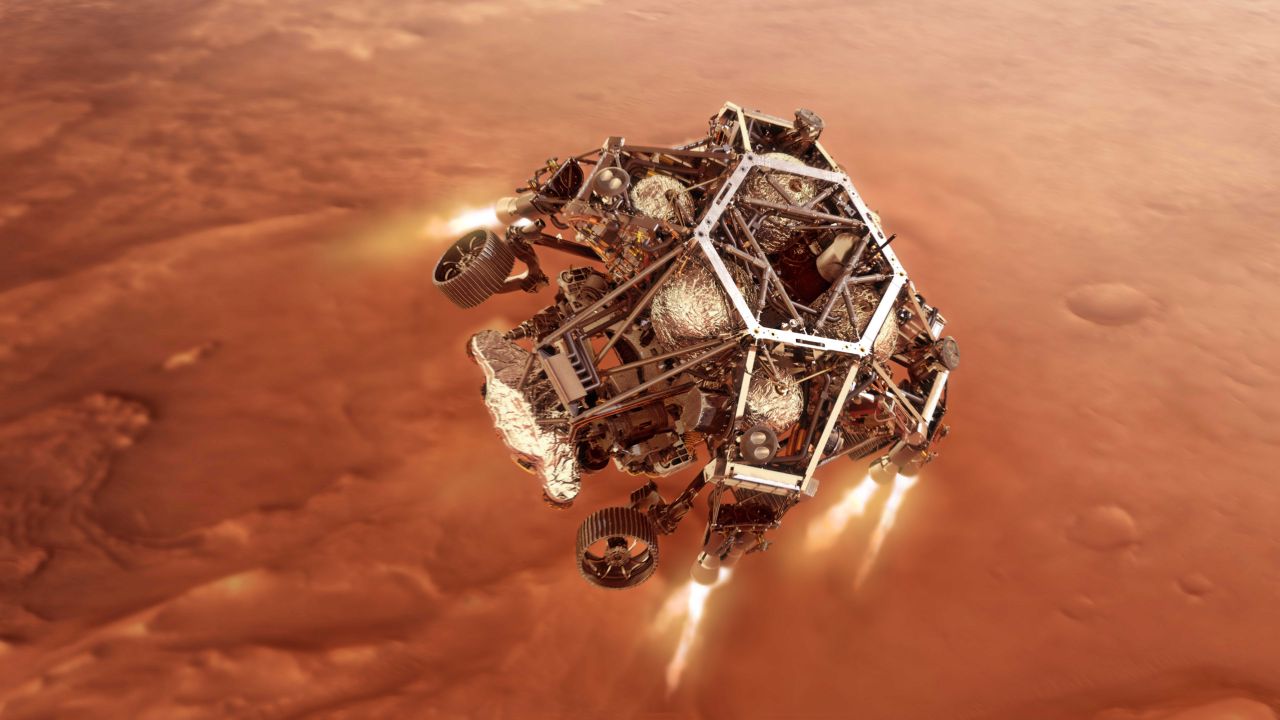 A rocket-powered sky crane will lower Perseverance to the Martian surface on cables.