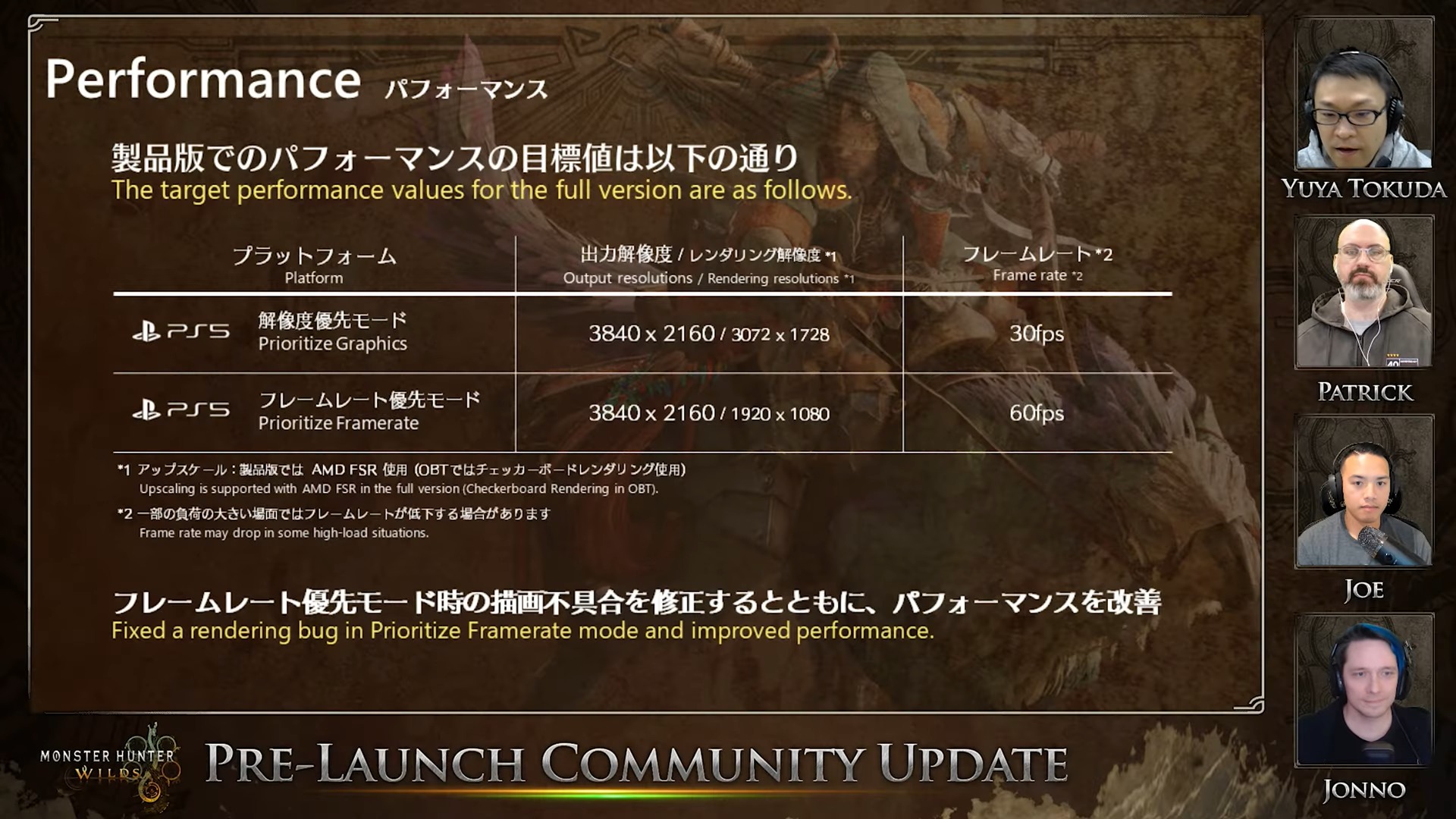 Screenshot of Capcom providing performance targets for Monster Hunter Wilds